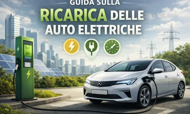 Guida alla ricarica delle auto elettriche: una stazione di ricarica verde, pannelli solari e un'auto bianca in carica, con la città sullo sfondo. Le auto elettriche 2026 sono il futuro.