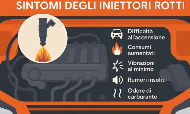 Sintomi di iniettori sporchi: difficoltà all'accensione, consumi aumentati, vibrazioni, rumori e odore di carburante.