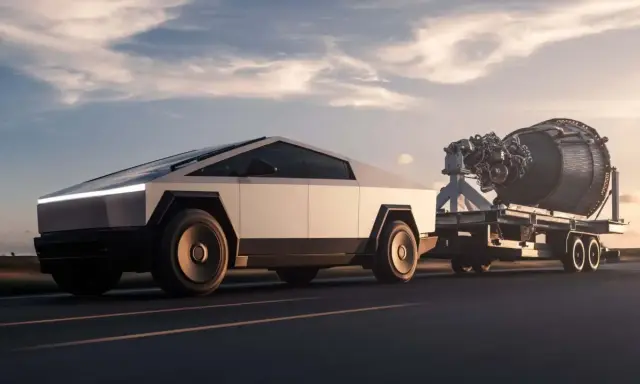 Cybertruck traino un motore di razzo, dimostrando la sua incredibile capacità di traino e il suo peso.