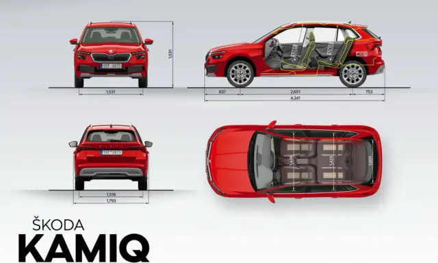 Skoda Kamiq dimensioni: vista frontale, laterale e dall'alto con misure in mm. Un SUV compatto e spazioso.