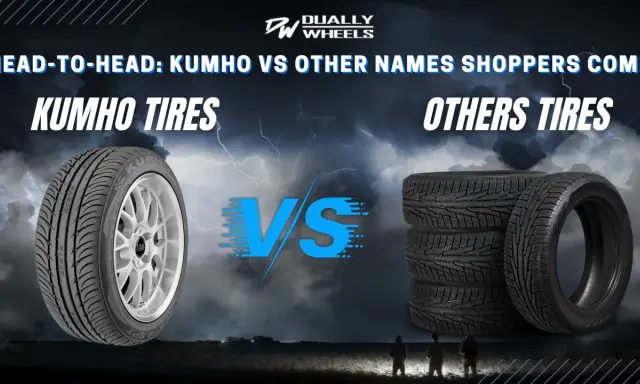 Kumho tire on a silver rim vs. a stack of other tires, with a stormy sky background.