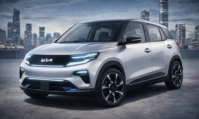 La Kia EV1, un'auto elettrica dal design futuristico, si staglia contro uno skyline urbano al tramonto.