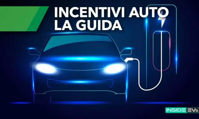 Auto elettrica in ricarica, con testo "Incentivi Auto La Guida". Scopri come ottenere i tuoi incentivi auto elettrica.
