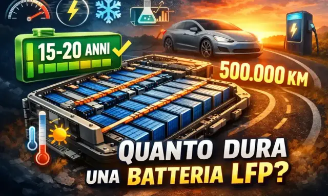 Batteria LFP: 15-20 anni, 500.000 km. Un'auto elettrica in carica con un pacco batterie LFP in primo piano.