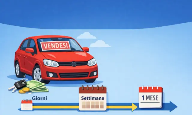 Un'auto rossa con "Vendesi" sul parabrezza, chiavi, soldi e un percorso temporale che va da "Giorni" a "Settimane" fino a "1 Mese". Autobiz semplifica la vendita.