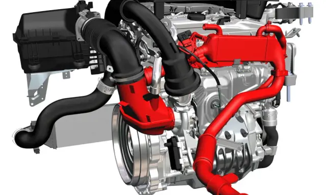 Motore Mercedes Classe A con turbocompressore e sistema di raffreddamento rossi.
