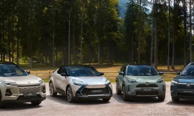 Quattro modelli Toyota, RAV4, C-HR, Yaris Cross e Corolla Cross, in un paesaggio boscoso.