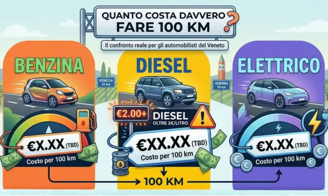 Confronto costi per 100 km: benzina, diesel e auto elettrica. Il consumo auto elettrica è in evidenza.