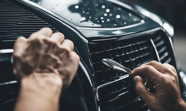 Mani che lavorano per togliere graffi auto profondi fai da te, lucidando la griglia con cura.