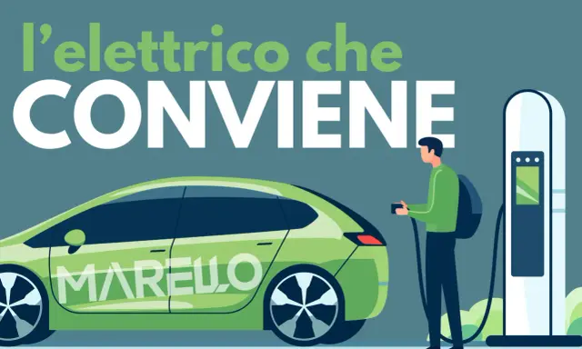 Un uomo con zaino collega un veicolo elettrico verde a una colonnina di ricarica. Il testo "l'elettrico che CONVIENE" è in primo piano.