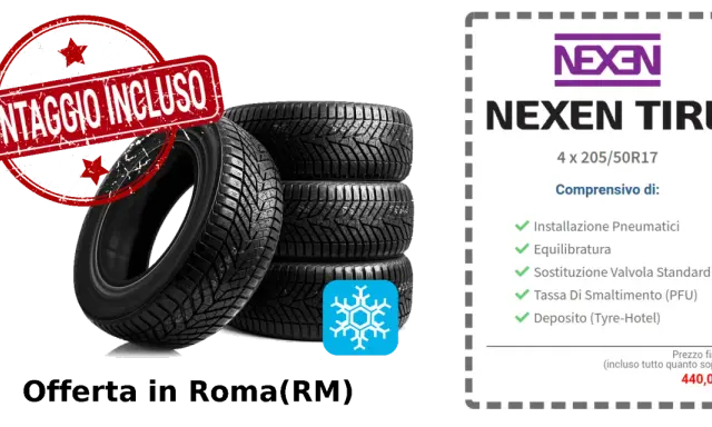 Offerta pneumatici Nexen 4 x 205/50R17 a Roma, montaggio incluso. Prezzo 440€.