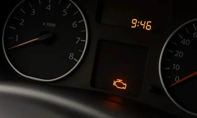 Cruscotto auto con spia motore rossa accesa ma la macchina va bene. L'ora segna 9:46.
