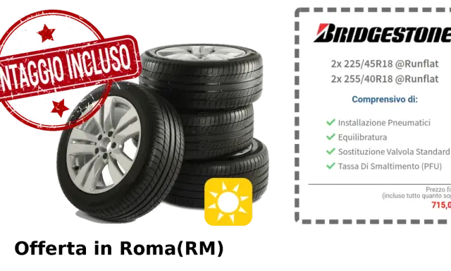 Offerta Bridgestone: 4 gomme Runflat, montaggio, equilibratura e smaltimento inclusi. Il costo cambio gomme è 715,00€.