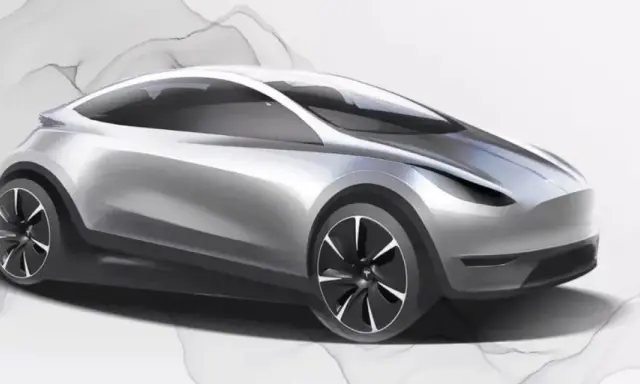 Schizzo di un'auto elettrica compatta, forse la futura Tesla Model 2, con linee aerodinamiche e ruote dal design moderno.