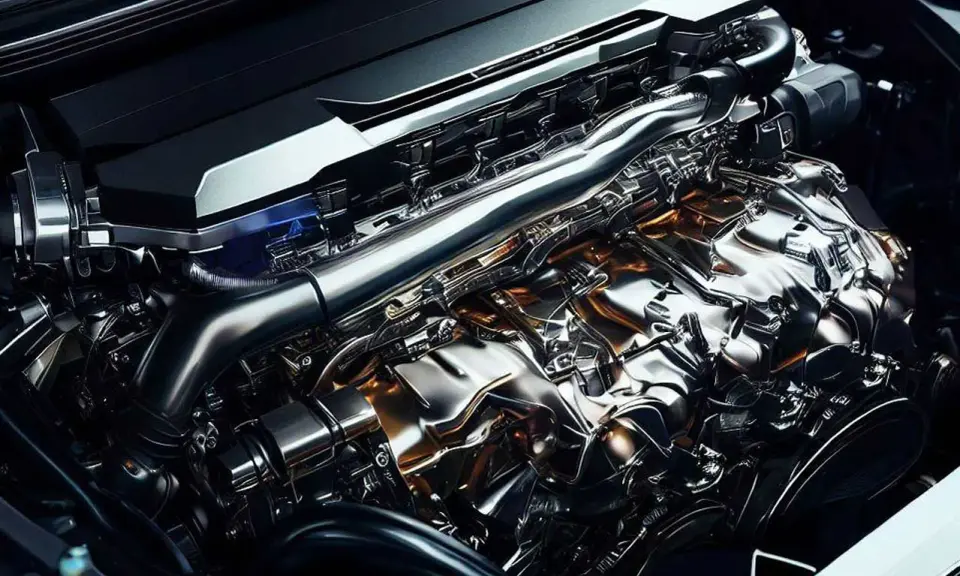 Motore lucido e complesso, con tubi cromati e dettagli dorati. Potrebbe indicare un problema di consumo eccessivo olio motore.