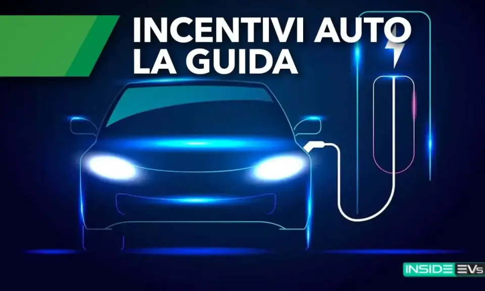 Auto elettrica in ricarica, con testo "Incentivi Auto La Guida". Scopri come ottenere i tuoi incentivi auto elettrica.
