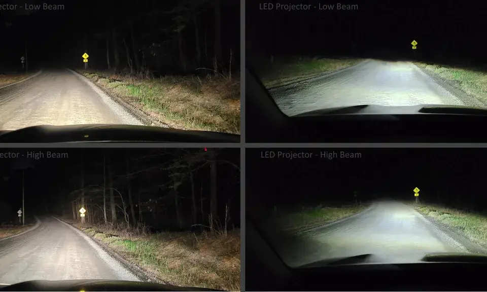 Confronto fari auto: incandescenza vs LED su strada buia. I fendinebbia LED illuminano meglio.