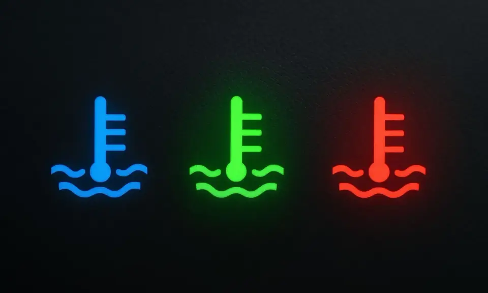 Tre spie luminose su sfondo scuro: blu, verde e rossa, indicano la spia temperatura olio.