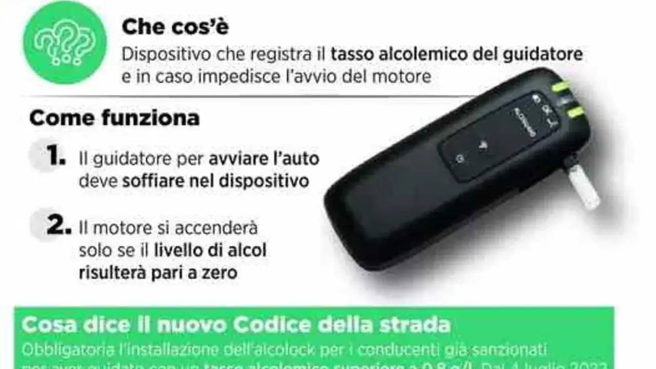 Dispositivo alcolock: per avviare l'auto, il guidatore soffia nel dispositivo. Il motore si accende solo se il tasso alcolico è zero.