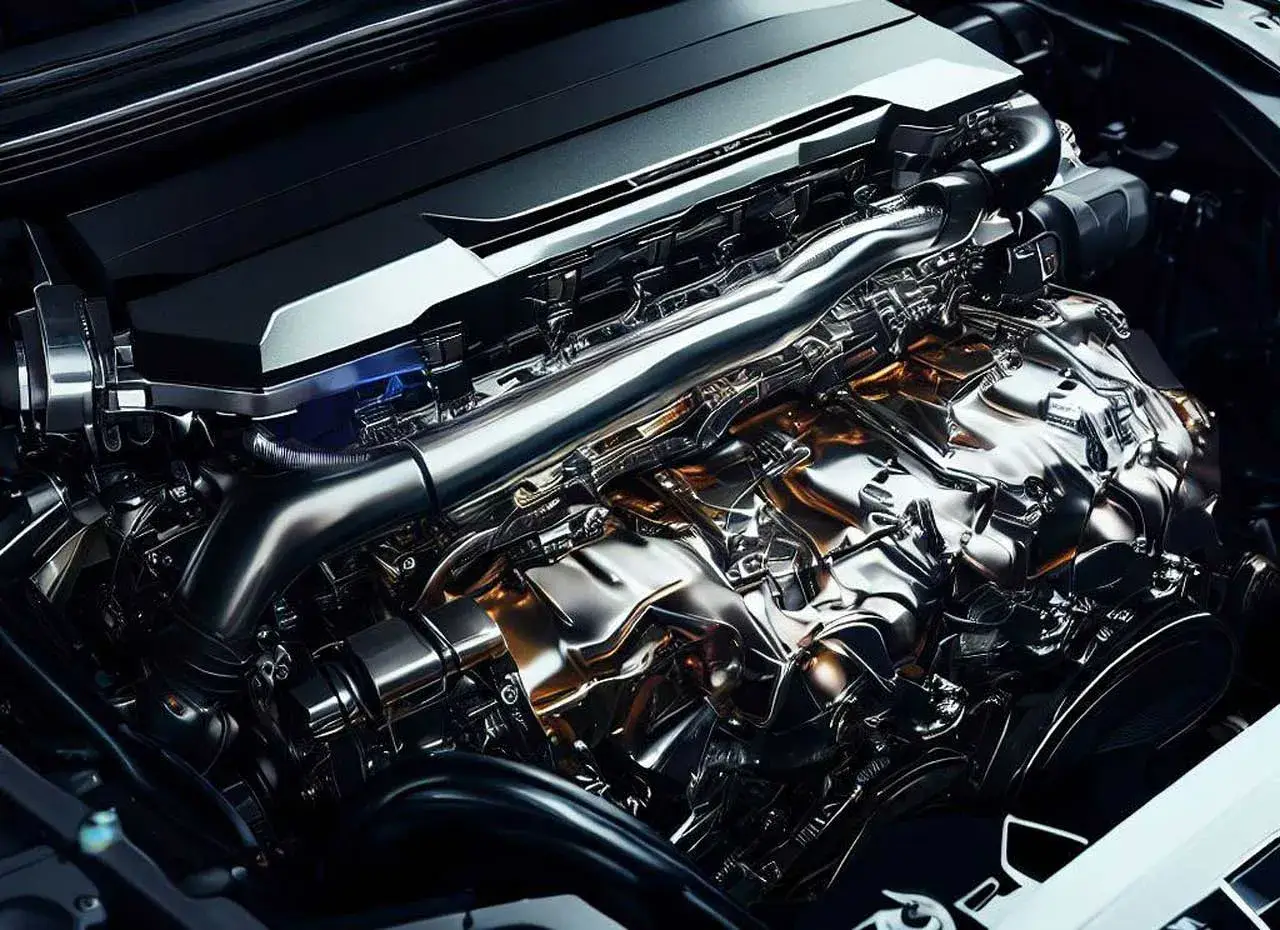 Motore lucido e complesso, con tubi cromati e dettagli dorati. Potrebbe indicare un problema di consumo eccessivo olio motore.