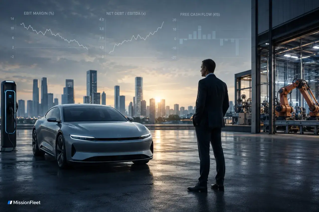 Uomo in giacca guarda un'auto elettrica e grafici finanziari, simbolo del futuro automotive.