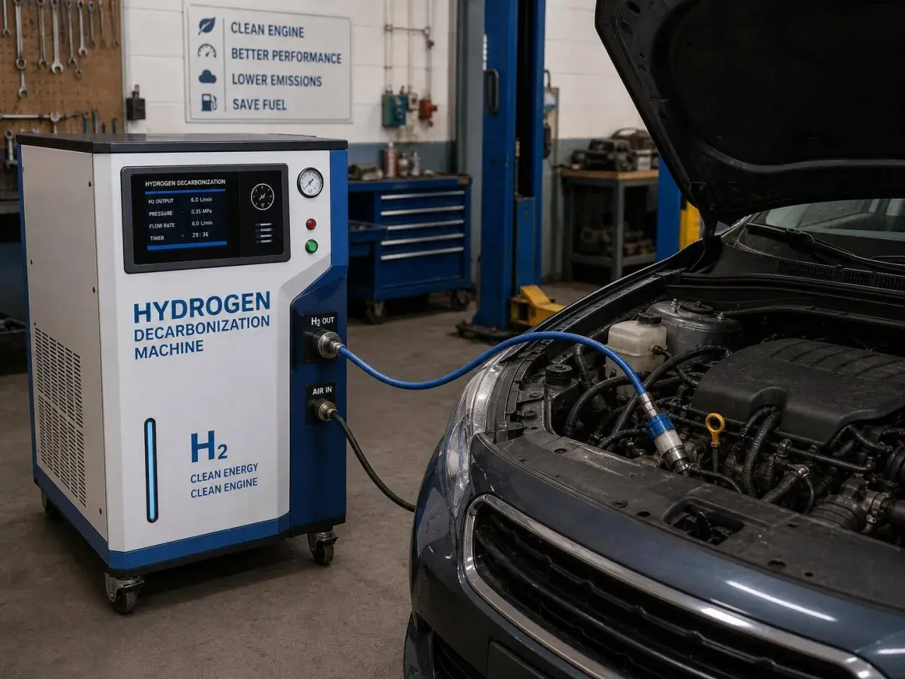 Macchina per la decarbonizzazione motore a idrogeno in azione. Valutare i pro e contro di questa tecnologia per un motore più pulito.