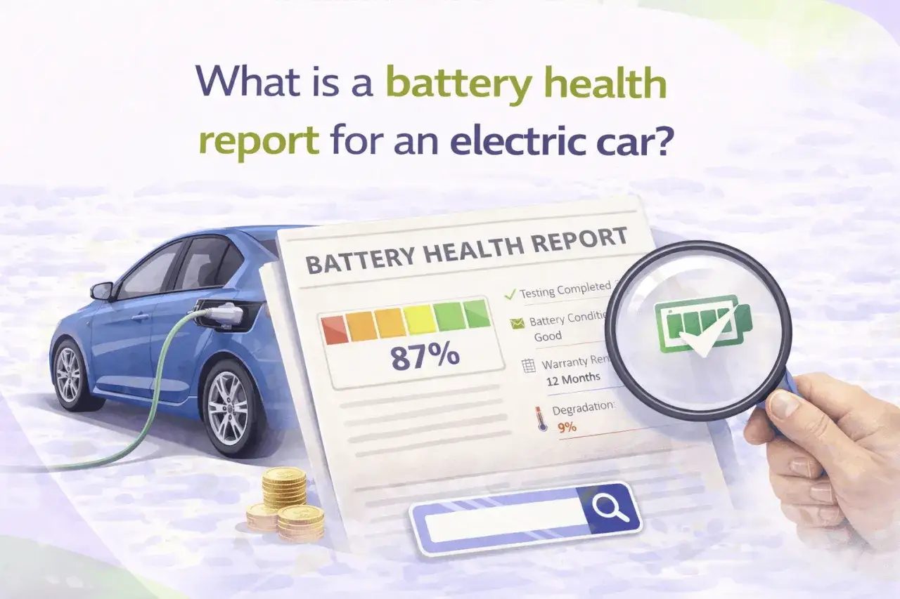 Auto elettrica in ricarica, rapporto salute batteria con 87% e garanzia di 12 mesi.