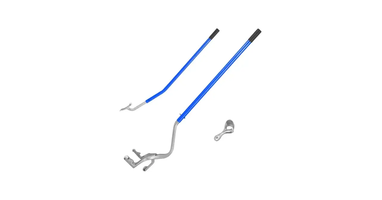 Kit per smontare una gomma dal cerchio: leve con manici blu e un accessorio metallico.