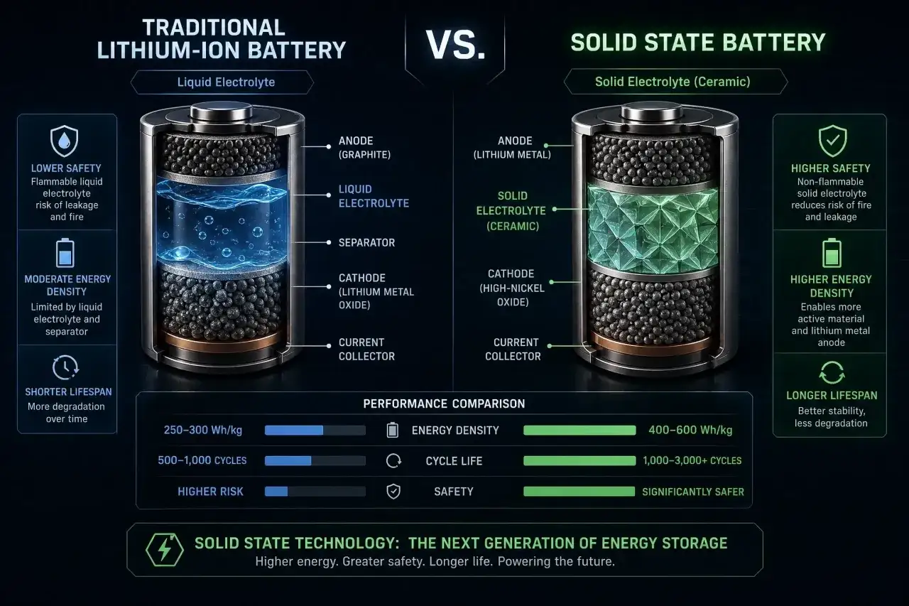 Confronto tra batterie al litio tradizionali e batterie stato solido con elettrolita ceramico. Le batterie allo stato solido offrono maggiore sicurezza, densità energetica e durata.