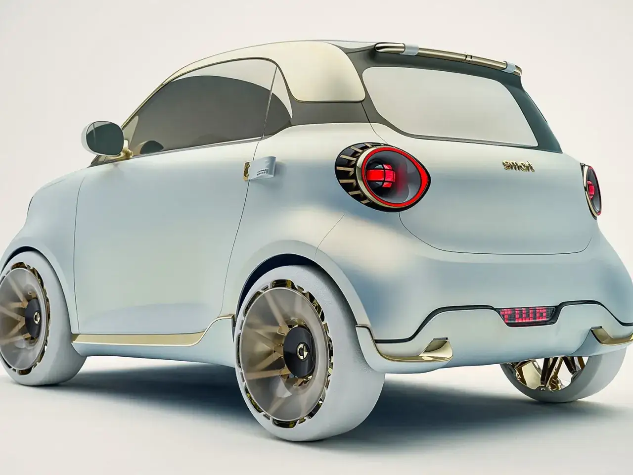 Concept car smart #2, con design futuristico e dettagli dorati. Le luci posteriori rosse e i cerchi aerodinamici catturano l'attenzione.