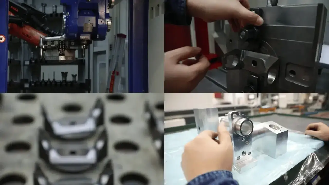 Dettagli di lavorazione meccanica: un braccio robotico KUKA, mani che assemblano componenti metallici, pezzi in lavorazione e un assemblaggio finale, mostrando un leggero segno di usura.