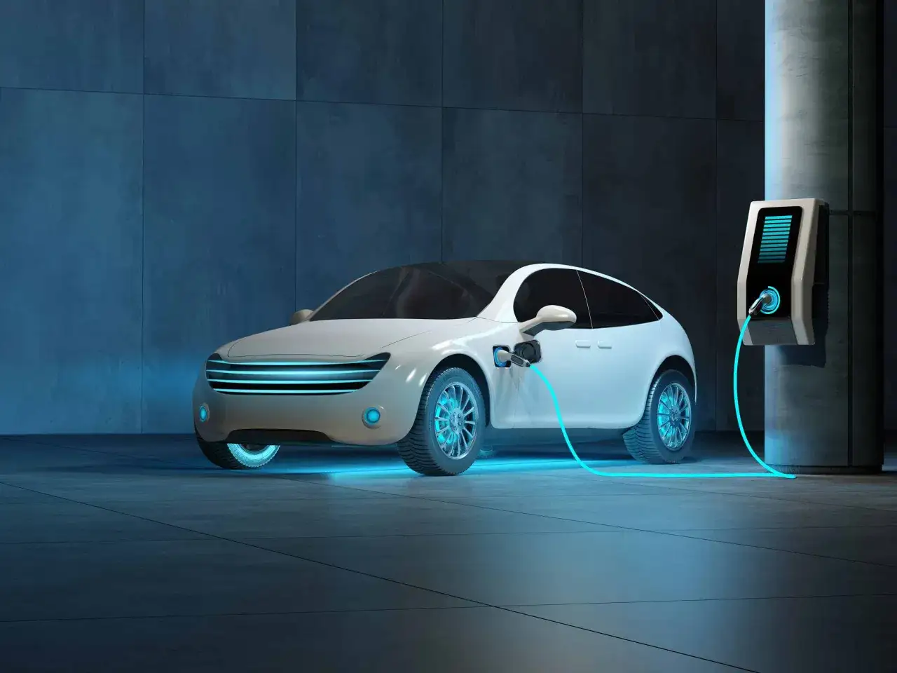 Un'auto elettrica bianca futuristica si ricarica, anticipando le auto elettriche 2026. Luci al neon blu illuminano il veicolo e la stazione di ricarica.