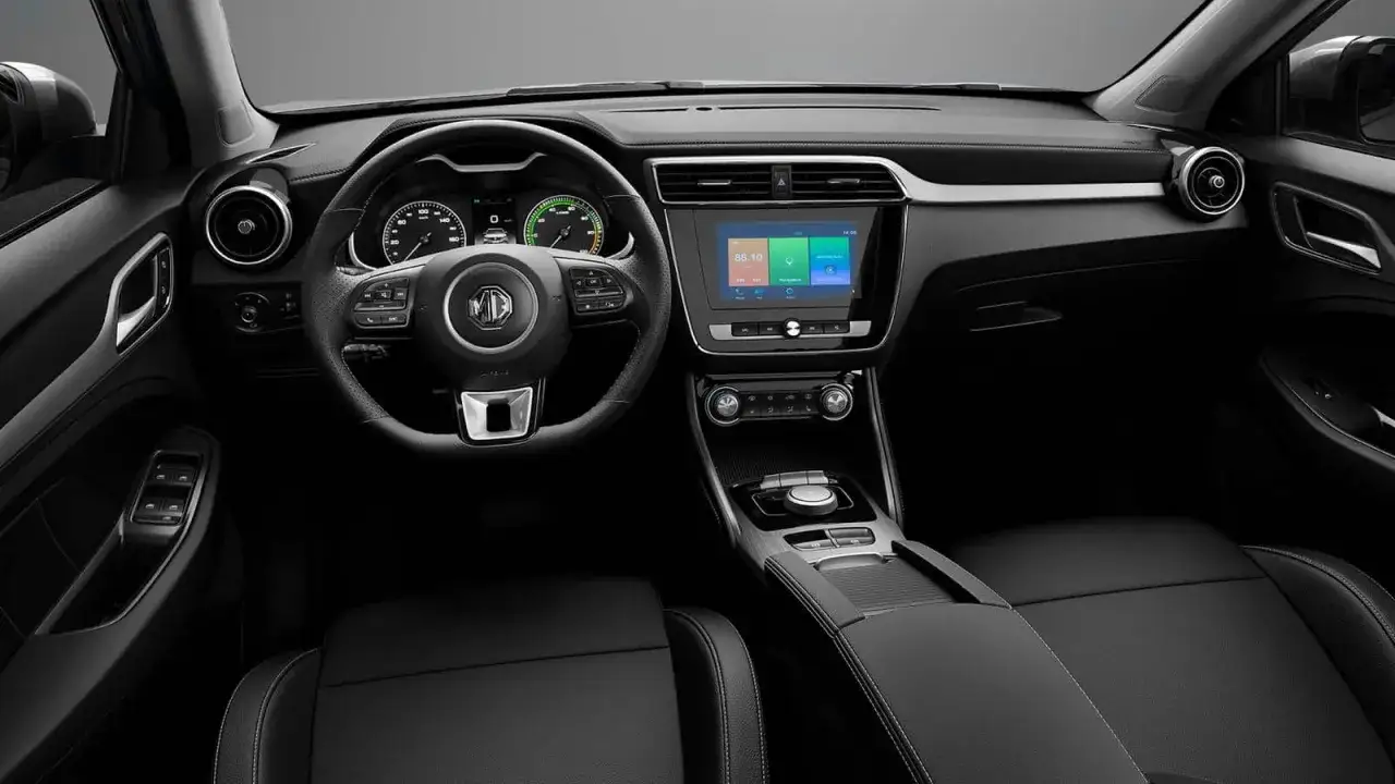 Interni moderni dell'MG ZS con cruscotto digitale, schermo touchscreen e sedili in pelle nera.