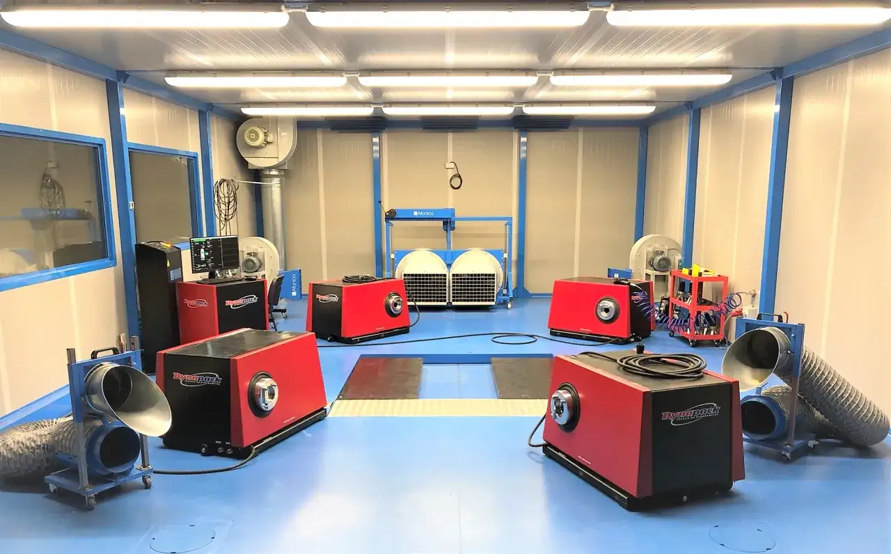 Sala prove con banchi Dynapack per testare ogni motore rigenerato. Ventilatori e strumentazione completano l'allestimento.