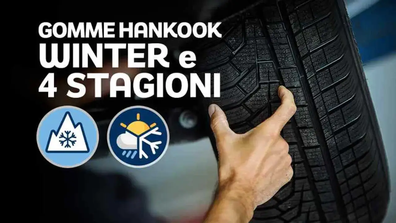 Gomme Hankook Winter e 4 stagioni: un dito indica il battistrada di uno pneumatico, con icone che rappresentano neve e sole.