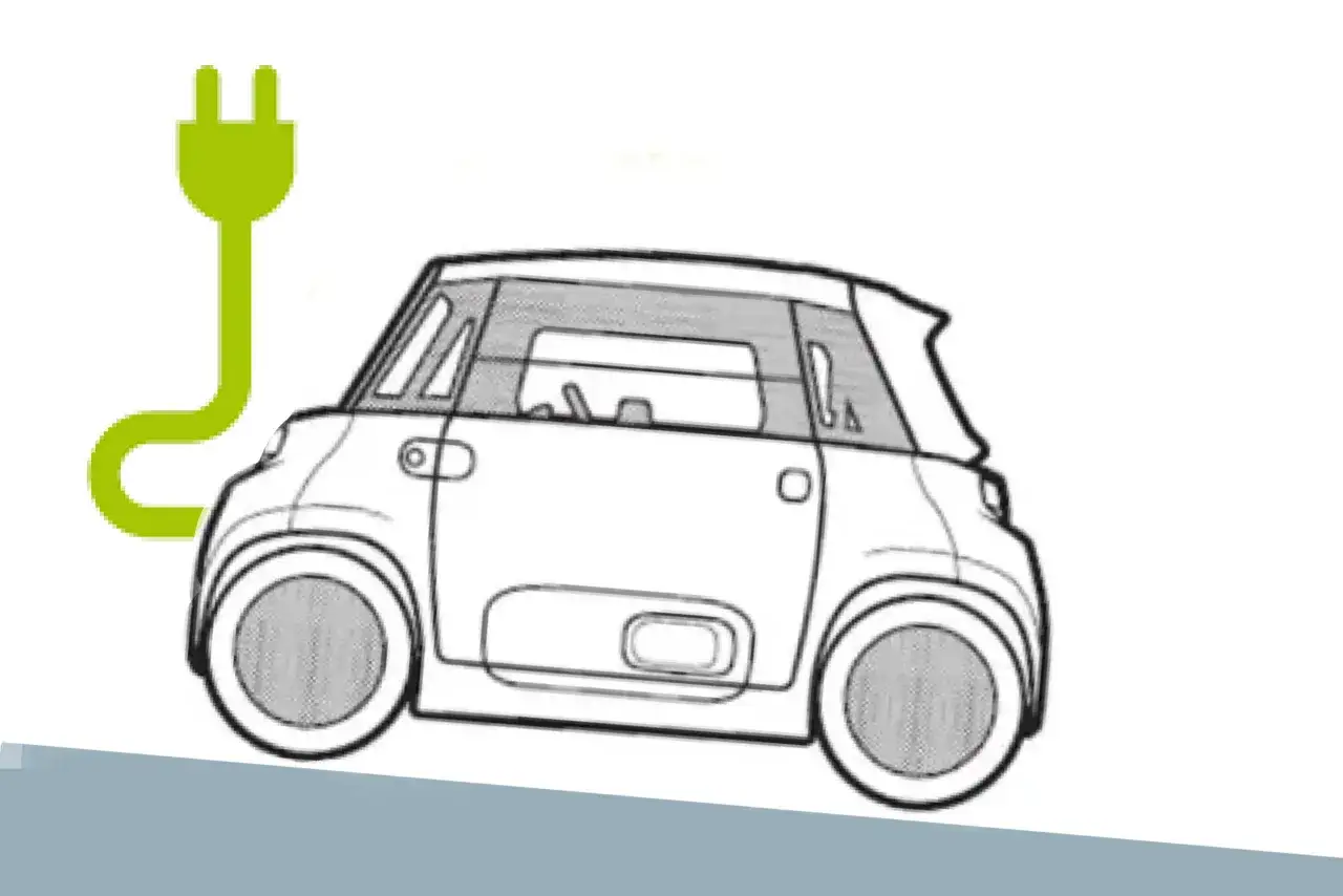 Citro&euml;n Ami in bianco e nero, con un simbolo di spina elettrica verde. La sua batteria &egrave; pronta per essere caricata.