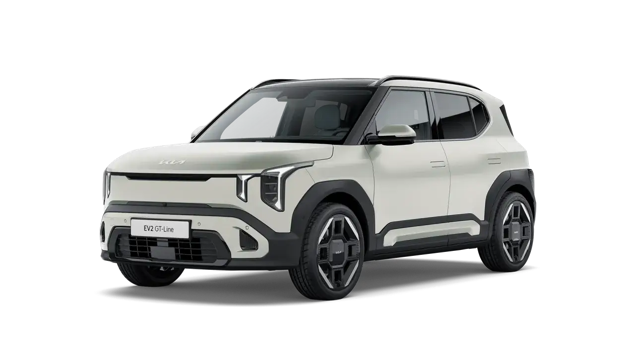 La Kia EV1 GT-Line, un SUV elettrico bianco con tetto nero, si presenta con un design moderno e audace.