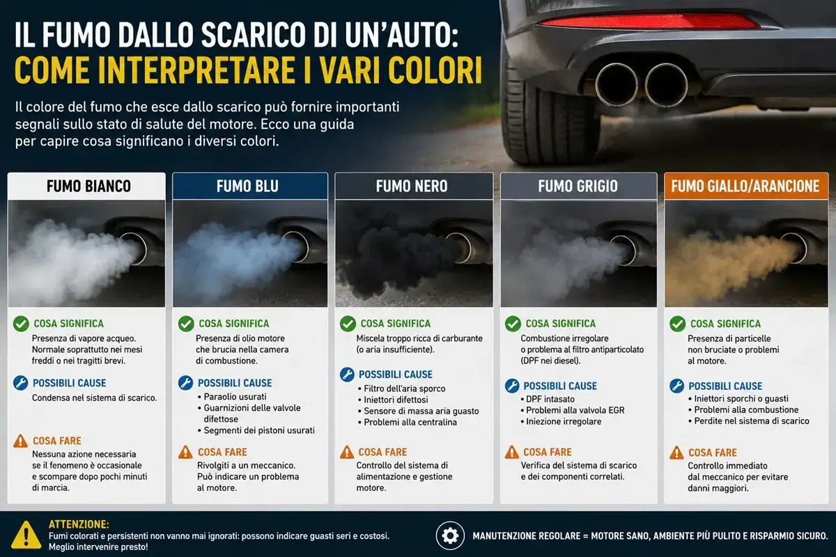 Fumo blu dallo scarico: indica presenza di olio motore che brucia, possibile causa di consumo eccessivo olio motore. Rivolgersi a un meccanico.