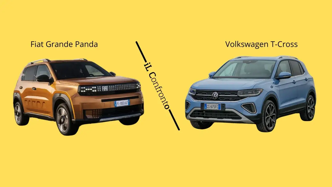 Confronto tra Fiat Grande Panda e Volkswagen T-Cross. La Fiat Grande Panda, con le sue dimensioni generose, si affianca alla T-Cross.