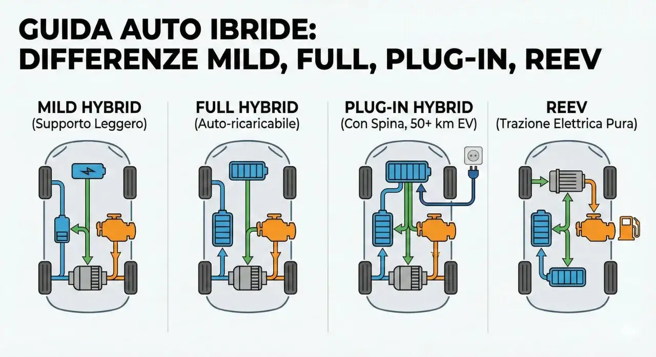Schema differenze auto ibride: mild, full, plug-in, REEV. Quando una auto ibrida non conviene? Scopri le tecnologie.