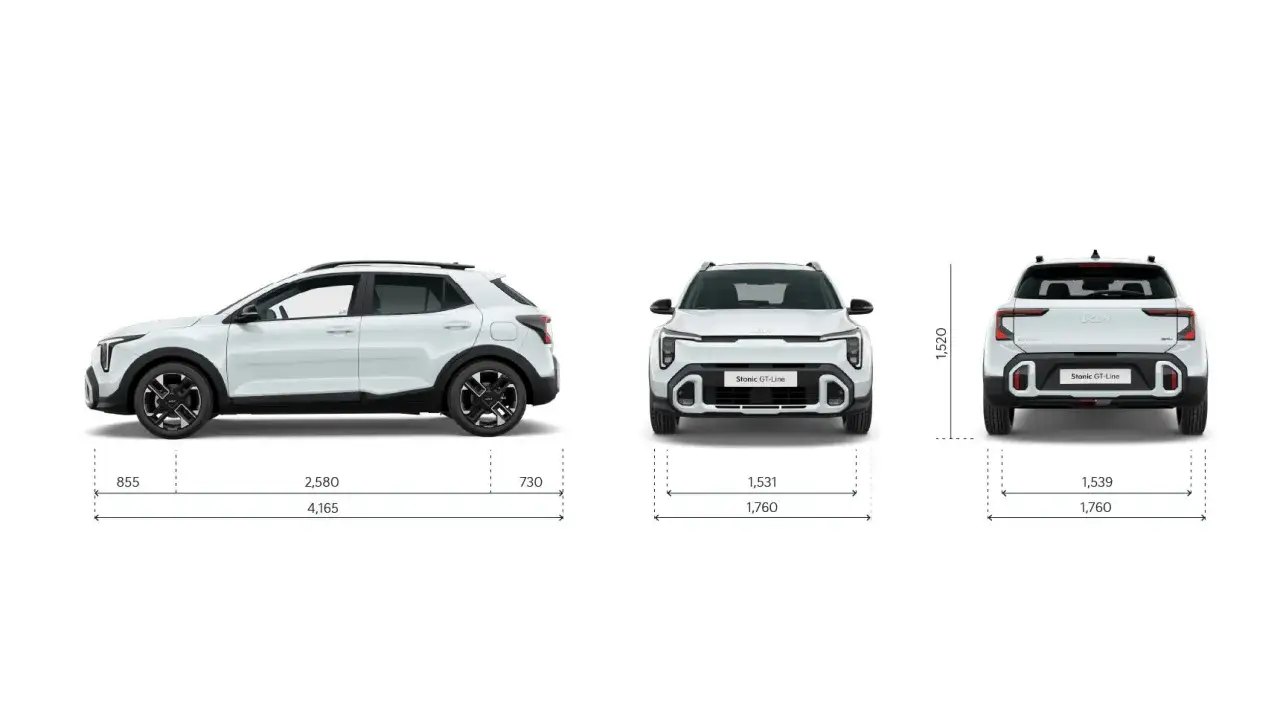 Vista laterale, frontale e posteriore della Kia Stonic con le sue dimensioni. Lunghezza totale 4.165 mm, larghezza 1.760 mm, altezza 1.520 mm.