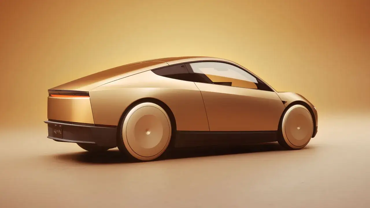 Un'elegante Tesla Roadster color oro, con un design futuristico e cerchi aerodinamici, su sfondo sfumato.