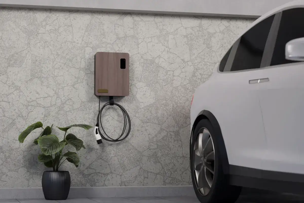 Stazione di ricarica per auto elettrica con cavo pronto per il plug in. Accanto, una pianta in vaso.