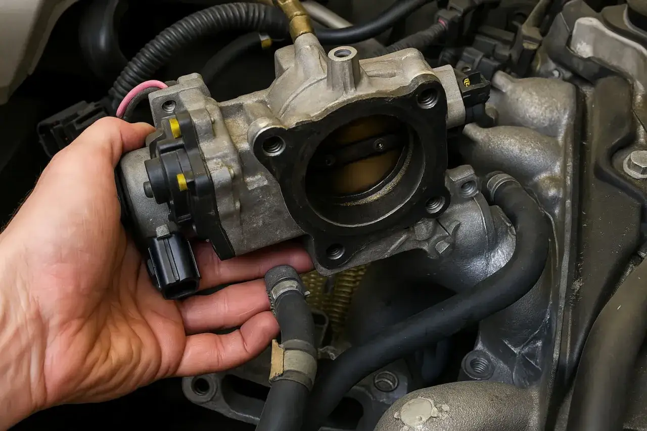 Mano che tiene il corpo farfallato, componente essenziale per il controllo del motore.
