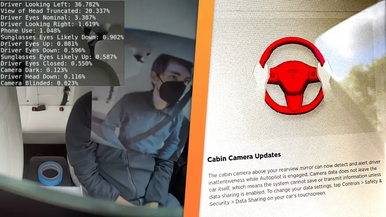 Monitoraggio conducente con Tesla Autopilot: la telecamera interna rileva l'attenzione.