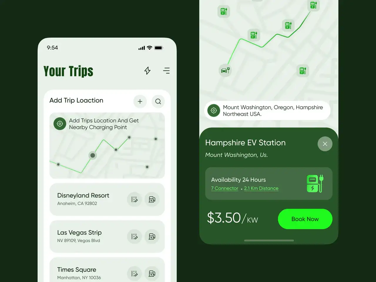 App per la gestione dei viaggi con opzioni di ricarica per auto elettriche, inclusa la funzione
