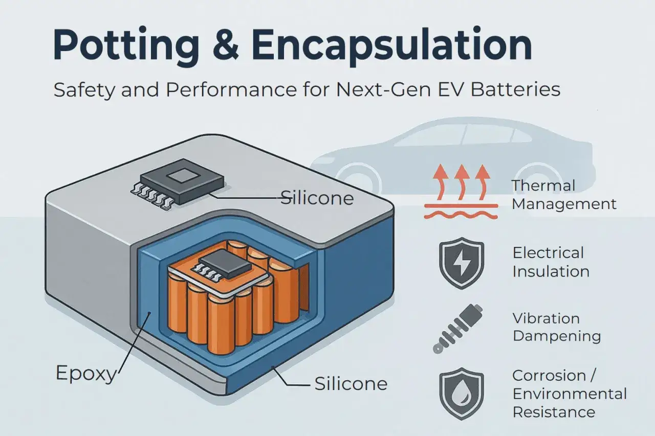 Sezione di una batteria per auto elettriche, con celle cilindriche arancioni incapsulate in resina epossidica e silicone per sicurezza e gestione termica.