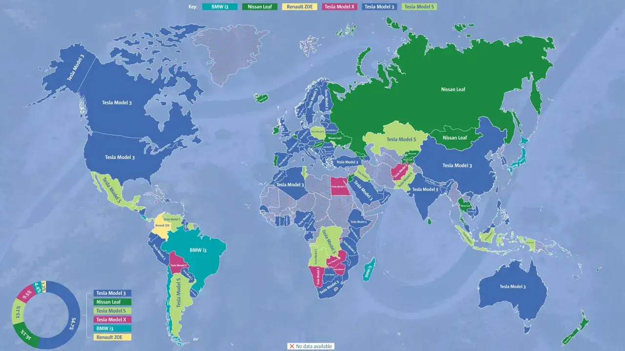 Mappa mondiale che mostra la distribuzione dei modelli di auto elettriche più popolari per paese. La Tesla Model 3 domina in Nord America, Europa e Asia, indicando una crescente percentuale auto elettriche nel mondo.