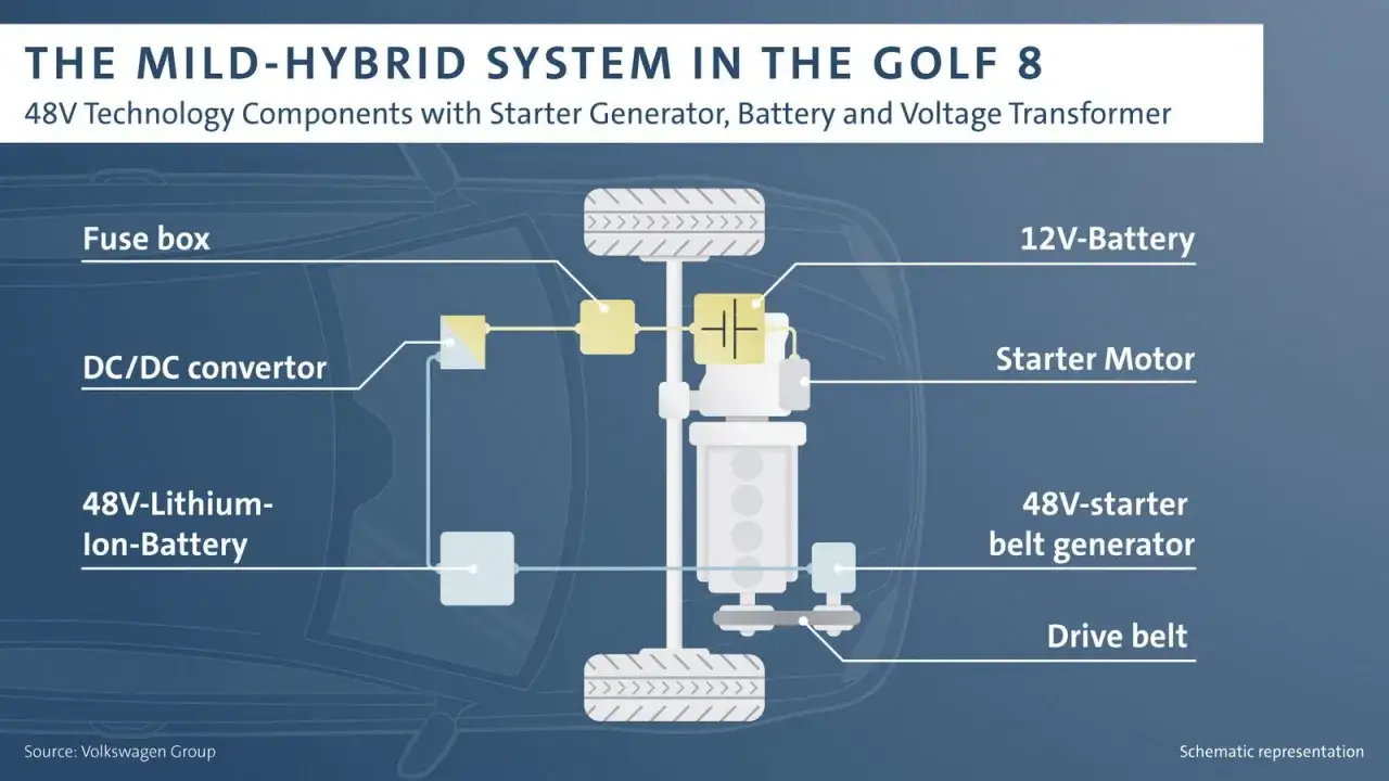 Schema del sistema mild hybrid Golf 8: batteria 48V, starter generator, convertitore DC/DC. Valuta i mild hybrid vantaggi e svantaggi.