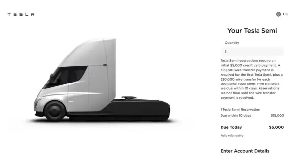 Il camion Tesla Semi, con un deposito iniziale di $5.000, mostra il prezzo e i dettagli di prenotazione.